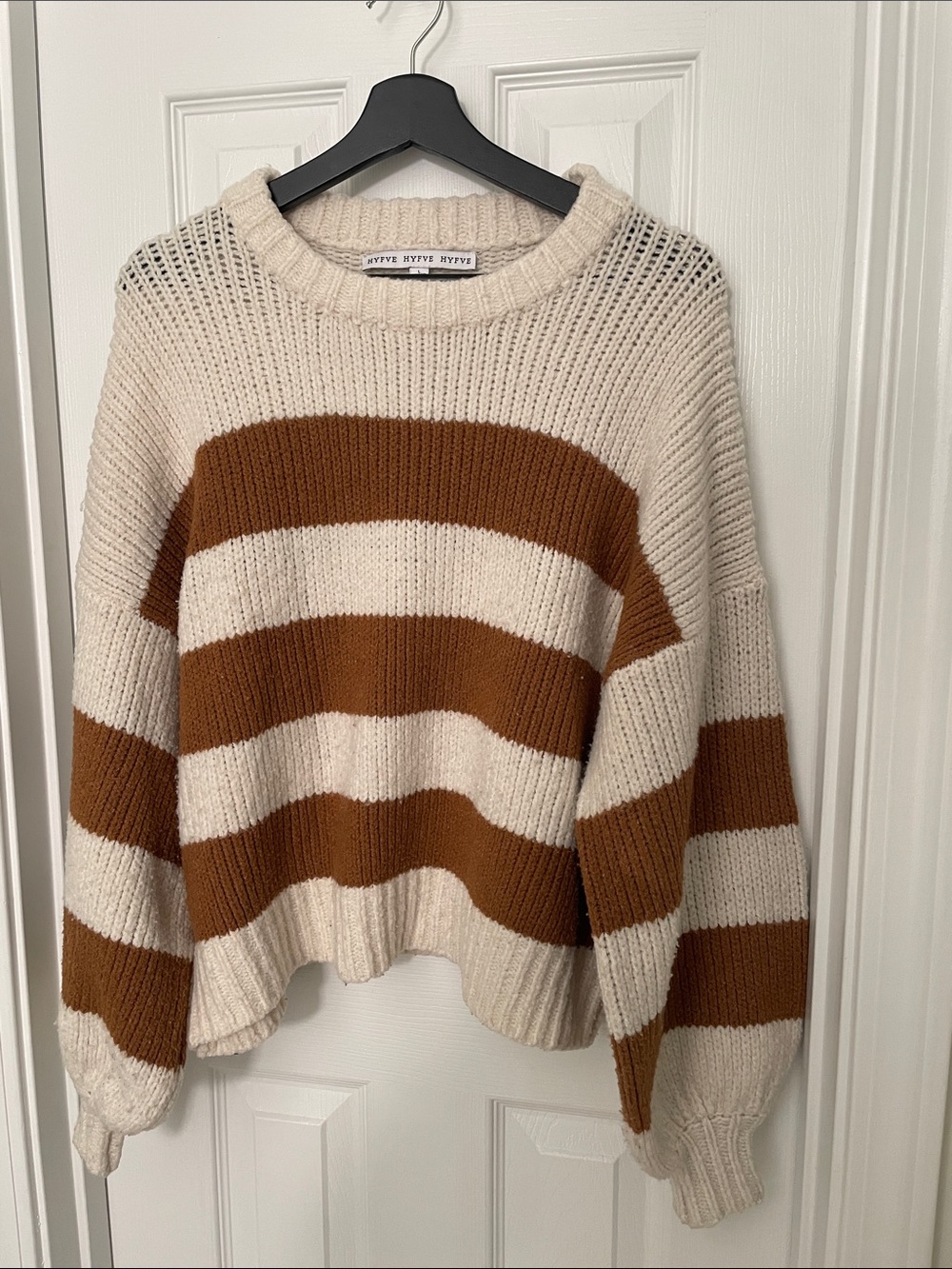HYFVE Cream and Brown Striped Crewneck Sweater